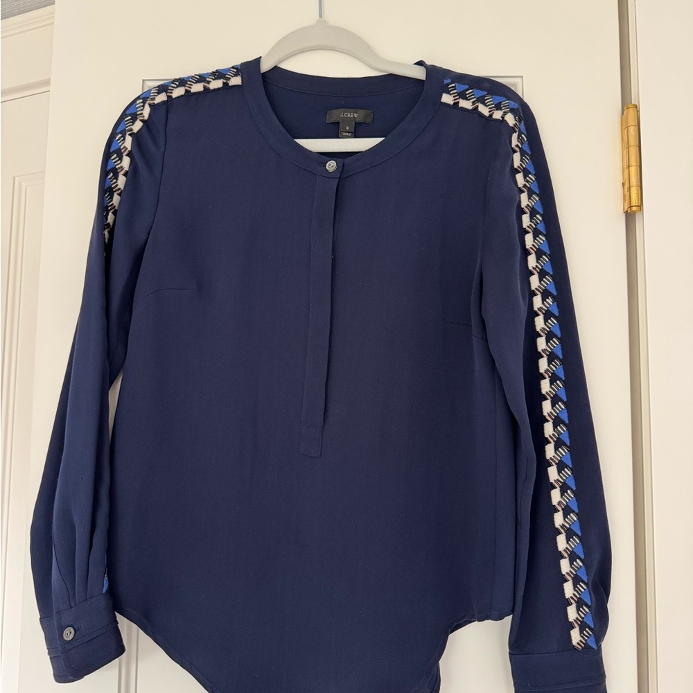 J Crew Collection Navy Silk Blouse with Braided Detail 0
